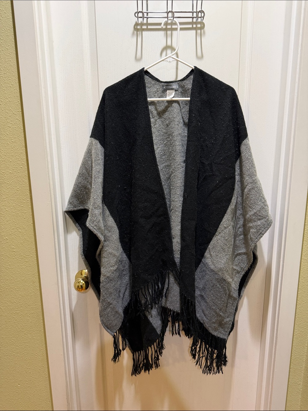 Open-Front Black & Gray Fringe Women's Poncho Wrap